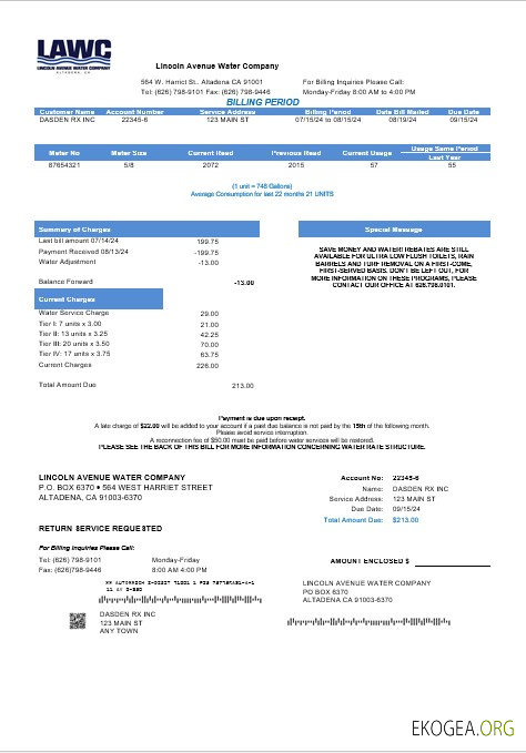 Modèle de facture de services publics d'entreprise de la Lincoln Avenue Water Company des États Unis, Californie, aux formats Word et PDF
